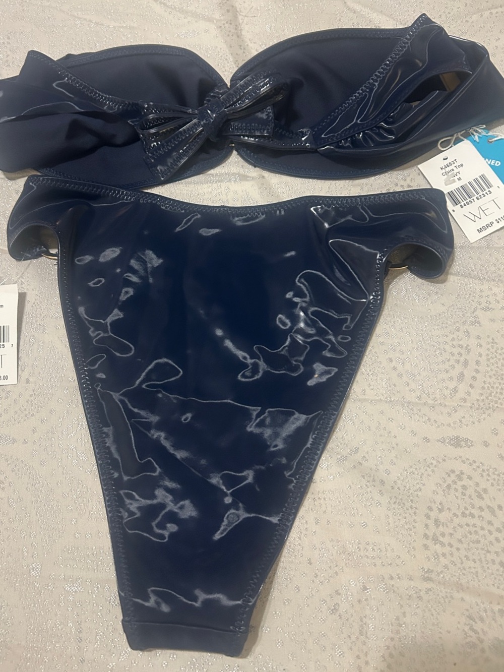 WET SWIMWEAR Off-Shoulder Ring Detail Latex Bikini in Navy Blue - Picture 5 of 9